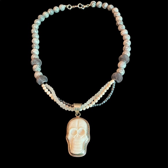 💀 LOYAL MUSE Handcrafted Skull Beaded Necklace. Stormy Jasper & Silver. - Picture 3 of 8